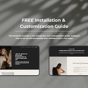 Peut inclure: Deux &eacute;crans d'appareils num&eacute;riques affichant des mod&egrave;les de sites web. Le texte "FREE Installation & Customization Guide" est en haut. Un &eacute;cran montre une femme et le texte "ARE YOU READY TO BUILD THE BUSINESS YOU'VE ALWAYS DREAMED OF ?". L'autre &eacute;cran affiche une femme et le texte "Feeling Stuck Trying to Grow on Your Own?"