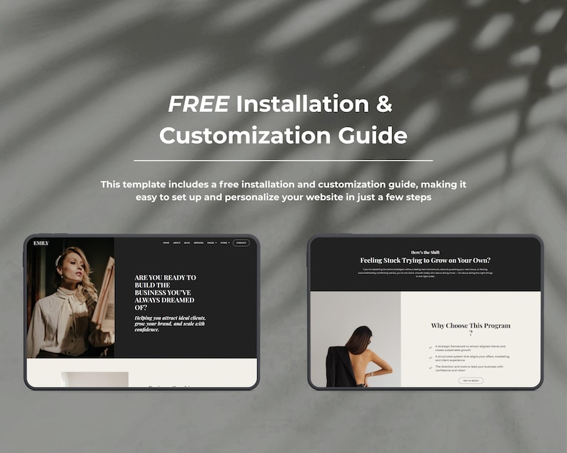 Peut inclure: Deux &eacute;crans d'appareils num&eacute;riques affichant des mod&egrave;les de sites web. Le texte "FREE Installation & Customization Guide" est en haut. Un &eacute;cran montre une femme et le texte "ARE YOU READY TO BUILD THE BUSINESS YOU'VE ALWAYS DREAMED OF ?". L'autre &eacute;cran affiche une femme et le texte "Feeling Stuck Trying to Grow on Your Own?"