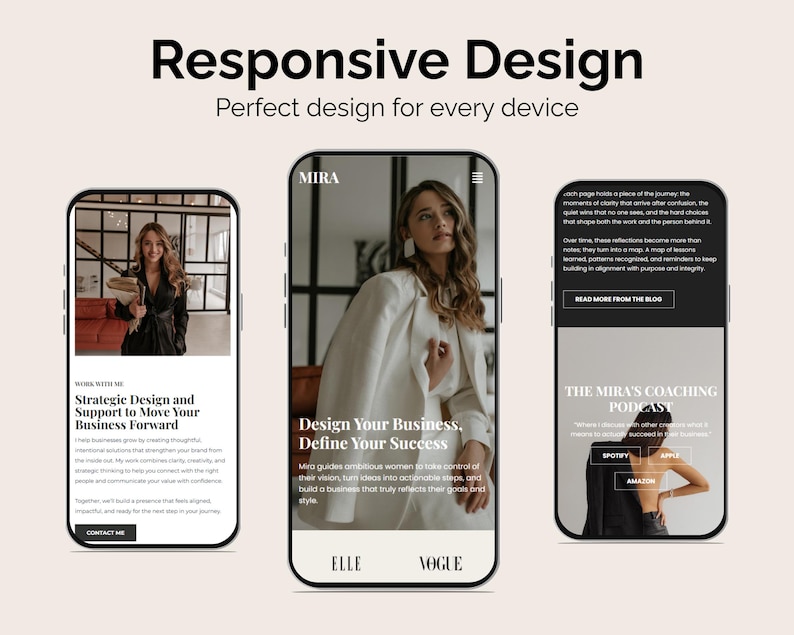 Op de afbeelding: Een digitale marketingafbeelding met de tekst "Responsive Design" en "Perfect design for every device." Drie smartphones tonen website-mockups. De middelste telefoon toont een vrouw in een witte blazer.