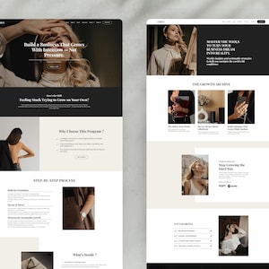 Peut inclure: Deux maquettes de sites web au design minimaliste. La premi&egrave;re pr&eacute;sente une femme avec les mains sur les yeux, avec le texte "Build a Business That Grows With Intention - Not Pressure." La seconde affiche le texte "MASTER THE TOOLS TO TURN YOUR BUSINESS DREAM INTO REALITY."