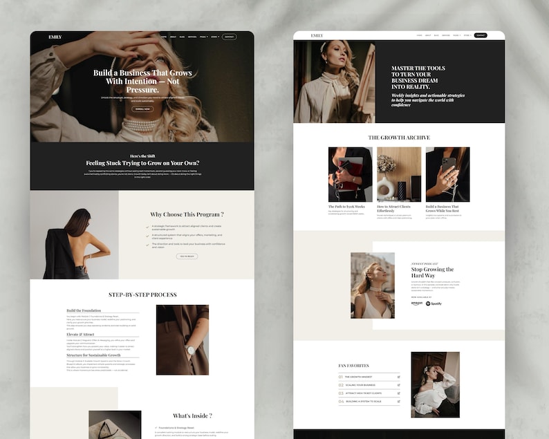 Peut inclure: Deux maquettes de sites web au design minimaliste. La premi&egrave;re pr&eacute;sente une femme avec les mains sur les yeux, avec le texte "Build a Business That Grows With Intention - Not Pressure." La seconde affiche le texte "MASTER THE TOOLS TO TURN YOUR BUSINESS DREAM INTO REALITY."