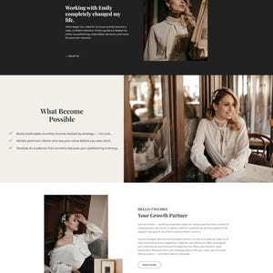 Peut inclure: Conception de site web avec le nom "EMILY" en haut, promouvant la croissance des entreprises avec intention. Le site pr&eacute;sente une femme, du texte et un processus &eacute;tape par &eacute;tape. Des options de forfaits sont affich&eacute;es.