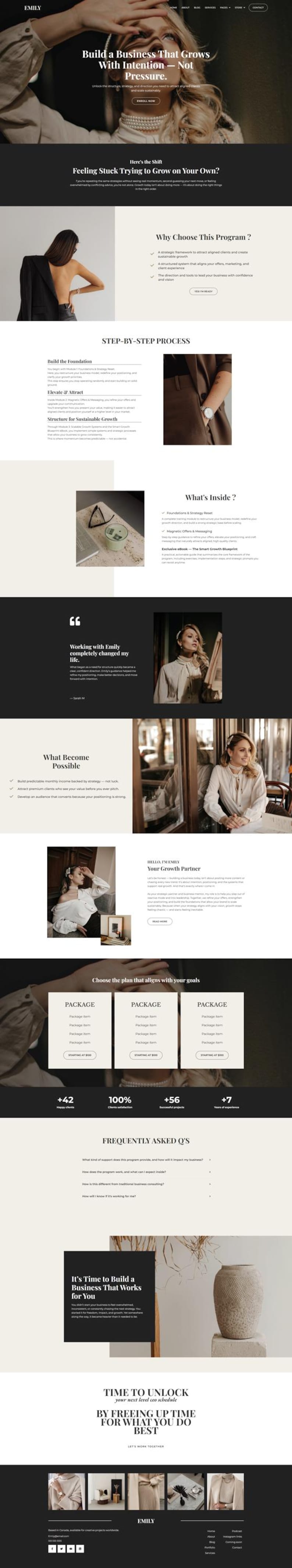 Peut inclure: Conception de site web avec le nom "EMILY" en haut, promouvant la croissance des entreprises avec intention. Le site pr&eacute;sente une femme, du texte et un processus &eacute;tape par &eacute;tape. Des options de forfaits sont affich&eacute;es.