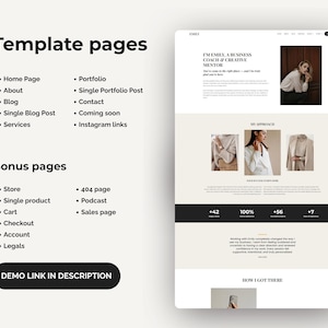 Peut inclure: Maquette de site web au design &eacute;pur&eacute;, avec une palette de couleurs beige clair et blanche. La conception comprend des sections pour une page d'accueil, un blog, un portfolio et une boutique. Le texte "Template pages" est en haut et "Demo link in description" en bas.