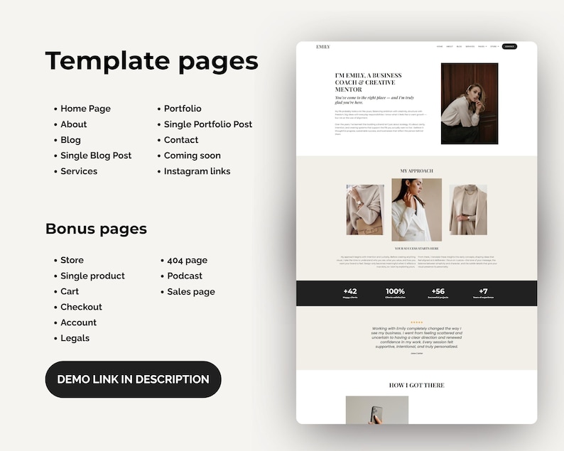 Peut inclure: Maquette de site web au design &eacute;pur&eacute;, avec une palette de couleurs beige clair et blanche. La conception comprend des sections pour une page d'accueil, un blog, un portfolio et une boutique. Le texte "Template pages" est en haut et "Demo link in description" en bas.