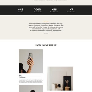 Peut inclure: Conception de site web pour Emily, coach d'affaires et mentor cr&eacute;atif. Le site pr&eacute;sente une mise en page &eacute;pur&eacute;e et moderne avec des images d'Emily, du texte et des appels &agrave; l'action. La palette de couleurs est neutre avec des accents noirs et blancs.