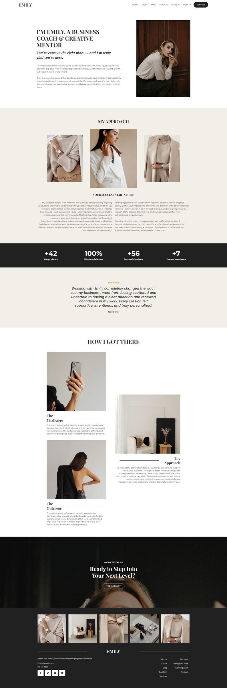 Peut inclure: Conception de site web pour Emily, coach d'affaires et mentor cr&eacute;atif. Le site pr&eacute;sente une mise en page &eacute;pur&eacute;e et moderne avec des images d'Emily, du texte et des appels &agrave; l'action. La palette de couleurs est neutre avec des accents noirs et blancs.