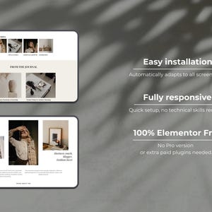 Peut inclure: Capture d'&eacute;cran d'une conception de site web avec une palette de couleurs neutres. L'&eacute;cran affiche des sections intitul&eacute;es "Cat&eacute;gories" et "Du journal", ainsi que le texte "Installation facile", "Enti&egrave;rement r&eacute;actif" et "100% Elementor gratuit".