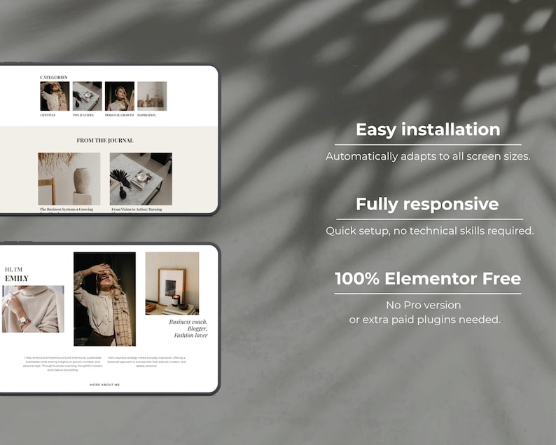 Peut inclure: Capture d'&eacute;cran d'une conception de site web avec une palette de couleurs neutres. L'&eacute;cran affiche des sections intitul&eacute;es "Cat&eacute;gories" et "Du journal", ainsi que le texte "Installation facile", "Enti&egrave;rement r&eacute;actif" et "100% Elementor gratuit".