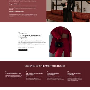 Pode incluir: Design do site para Celeste, uma marca que ajuda empreendedores. A p&aacute;gina apresenta uma mulher com um fato vermelho, um fato preto e uma roupa vermelha com uma bolsa preta. O site inclui se&ccedil;&otilde;es sobre vis&atilde;o da marca, design e estrat&eacute;gia.