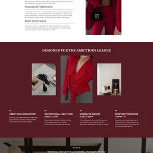 Pode incluir: Design de site com uma mulher de fato vermelho, com o texto "Strategic Brands for Ambitious Leaders". O site inclui sec&ccedil;&otilde;es sobre servi&ccedil;os, vis&atilde;o e um processo passo a passo.