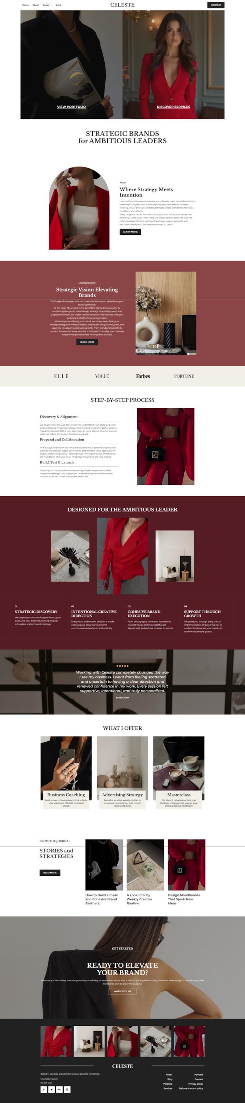 Pode incluir: Design de site com uma mulher de fato vermelho, com o texto "Strategic Brands for Ambitious Leaders". O site inclui sec&ccedil;&otilde;es sobre servi&ccedil;os, vis&atilde;o e um processo passo a passo.