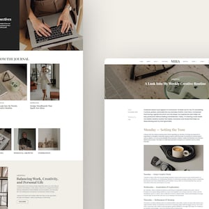 Op de afbeelding: Website-ontwerp met de merknaam "MIRA". De site presenteert artikelen over lifestyle, inspiratie en persoonlijke ontwikkeling. De lay-out bevat afbeeldingen, koppen en tekst, met de nadruk op een creatieve routine en het in evenwicht brengen van werk.