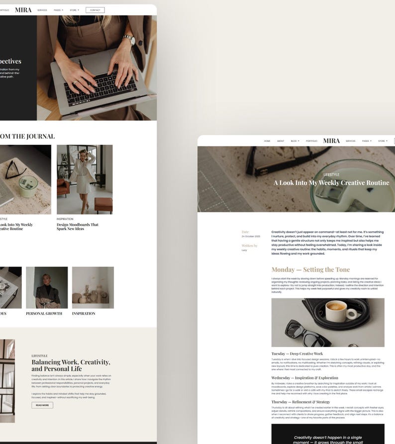 Op de afbeelding: Website-ontwerp met de merknaam "MIRA". De site presenteert artikelen over lifestyle, inspiratie en persoonlijke ontwikkeling. De lay-out bevat afbeeldingen, koppen en tekst, met de nadruk op een creatieve routine en het in evenwicht brengen van werk.