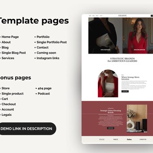 Pode incluir: Um design de modelo de site com uma est&eacute;tica limpa e moderna. O design apresenta um fundo branco com se&ccedil;&otilde;es para uma p&aacute;gina inicial, p&aacute;gina sobre, blog e muito mais. Os textos "Template pages" e "Bonus pages" s&atilde;o vis&iacute;veis. O site inclui imagens e o texto "Strategic Brands for Ambitious Leaders".