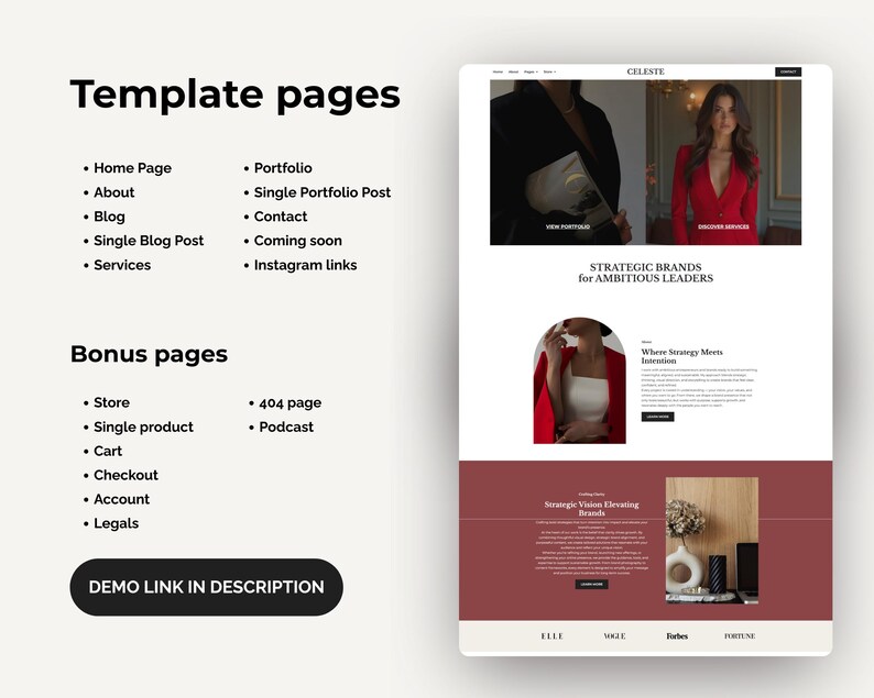 Pode incluir: Um design de modelo de site com uma est&eacute;tica limpa e moderna. O design apresenta um fundo branco com se&ccedil;&otilde;es para uma p&aacute;gina inicial, p&aacute;gina sobre, blog e muito mais. Os textos "Template pages" e "Bonus pages" s&atilde;o vis&iacute;veis. O site inclui imagens e o texto "Strategic Brands for Ambitious Leaders".