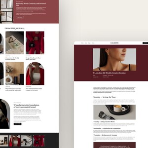 Pode incluir: Layout de um site com esquema de cores bord&ocirc; e branco. O site apresenta artigos com t&iacute;tulos como "Equilibrando Trabalho, Criatividade e Vida Pessoal" e "Uma Olhada na Minha Rotina Criativa Semanal". O nome do site, "CELESTE", &eacute; exibido no topo.