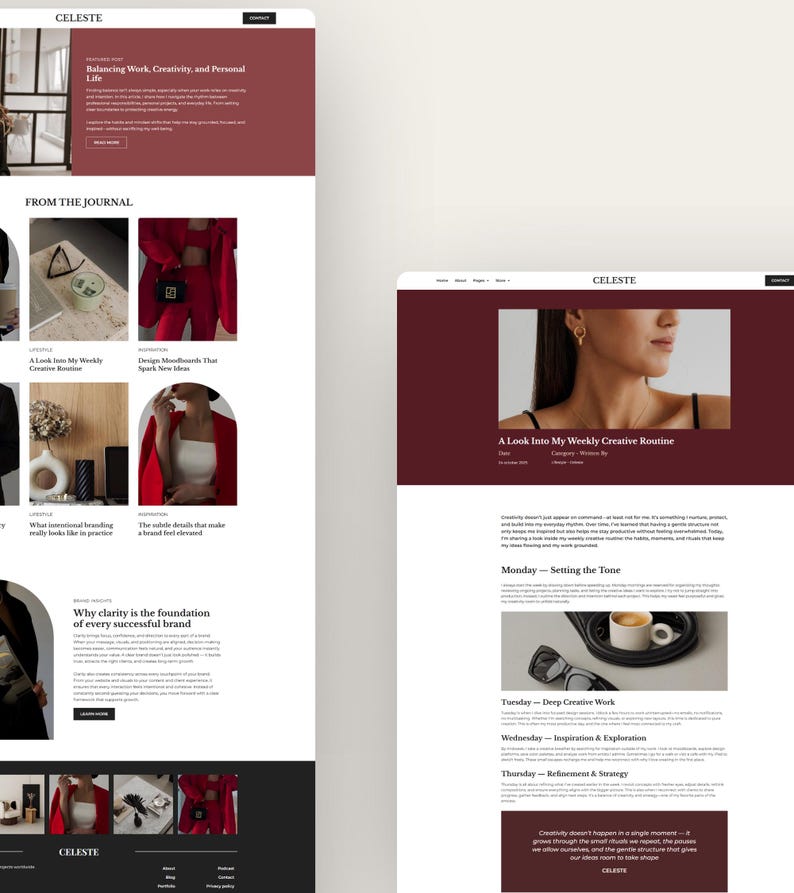 Pode incluir: Layout de um site com esquema de cores bord&ocirc; e branco. O site apresenta artigos com t&iacute;tulos como "Equilibrando Trabalho, Criatividade e Vida Pessoal" e "Uma Olhada na Minha Rotina Criativa Semanal". O nome do site, "CELESTE", &eacute; exibido no topo.