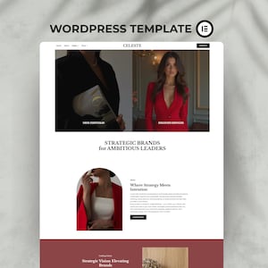Pode incluir: Um design de modelo de site com o texto "WORDPRESS TEMPLATE" e "CELESTE" no topo. O design apresenta imagens de pessoas em trajes de neg&oacute;cios e o texto "STRATEGIC BRANDS for AMBITIOUS LEADERS".
