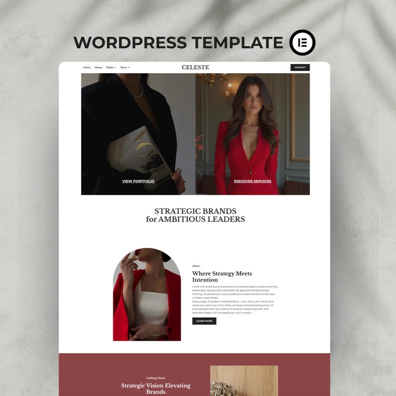 Pode incluir: Um design de modelo de site com o texto "WORDPRESS TEMPLATE" e "CELESTE" no topo. O design apresenta imagens de pessoas em trajes de neg&oacute;cios e o texto "STRATEGIC BRANDS for AMBITIOUS LEADERS".