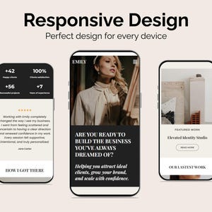 Peut inclure: Trois smartphones affichant une conception de site web. Le texte sup&eacute;rieur indique "Responsive Design" et "Perfect design for every device". Les &eacute;crans montrent des mises en page de sites web avec du texte et des images. Un &eacute;cran affiche "+42 Happy clients" et "+56 Successful projects".