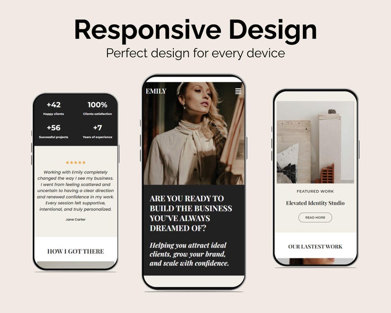 Peut inclure: Trois smartphones affichant une conception de site web. Le texte sup&eacute;rieur indique "Responsive Design" et "Perfect design for every device". Les &eacute;crans montrent des mises en page de sites web avec du texte et des images. Un &eacute;cran affiche "+42 Happy clients" et "+56 Successful projects".