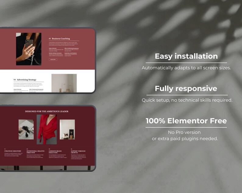Pode incluir: Um design de site de marketing digital exibido em dois tablets. O site apresenta um esquema de cores bord&ocirc; e branco com texto que diz "F&aacute;cil instala&ccedil;&atilde;o", "Totalmente responsivo" e "100% Elementor Gratuito".