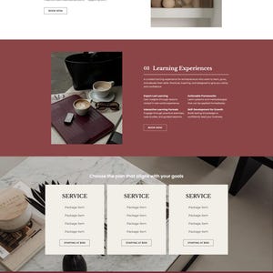 Pode incluir: Design do site para Celeste, com coaching de neg&oacute;cios, estrat&eacute;gia de publicidade e experi&ecirc;ncias de aprendizagem. O site usa um esquema de cores bord&ocirc; e branco com imagens de uma mulher, caf&eacute; e itens decorativos.
