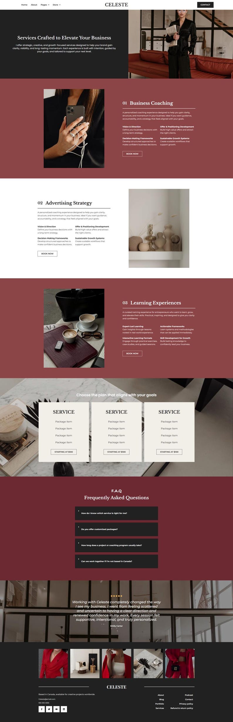 Pode incluir: Design do site para Celeste, com coaching de neg&oacute;cios, estrat&eacute;gia de publicidade e experi&ecirc;ncias de aprendizagem. O site usa um esquema de cores bord&ocirc; e branco com imagens de uma mulher, caf&eacute; e itens decorativos.