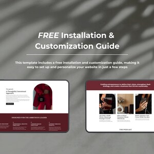 Pode incluir: Um modelo de marketing digital com o texto "FREE Installation & Customization Guide". O modelo inclui um guia de instala&ccedil;&atilde;o e personaliza&ccedil;&atilde;o gratuito. O design apresenta dois ecr&atilde;s digitais com conte&uacute;do do site.