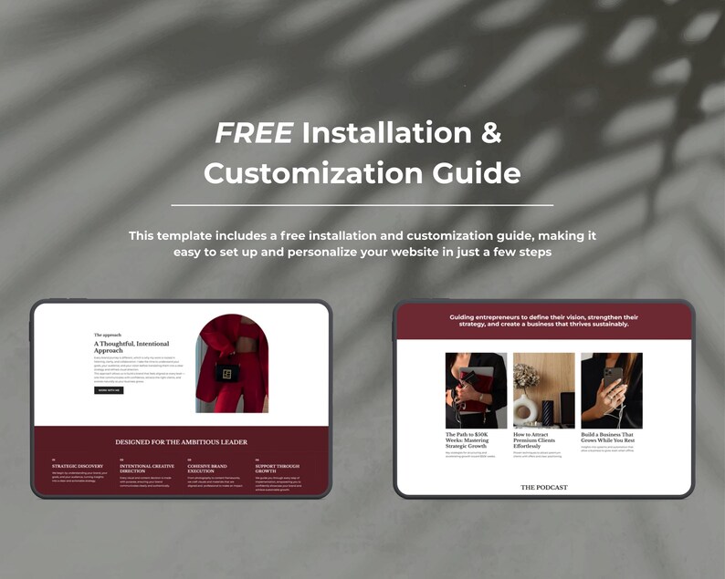 Pode incluir: Um modelo de marketing digital com o texto "FREE Installation & Customization Guide". O modelo inclui um guia de instala&ccedil;&atilde;o e personaliza&ccedil;&atilde;o gratuito. O design apresenta dois ecr&atilde;s digitais com conte&uacute;do do site.