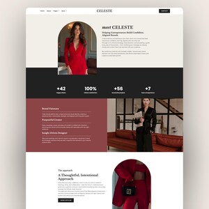 Pode incluir: Design de site web para Celeste, com uma mulher em um vestido vermelho. O site inclui o texto "meet CELESTE" e detalhes sobre como ajudar empreendedores a construir marcas confiantes e alinhadas. Estat&iacute;sticas mostram +42 clientes satisfeitos, 100% de satisfa&ccedil;&atilde;o do cliente e +56 projetos de sucesso.