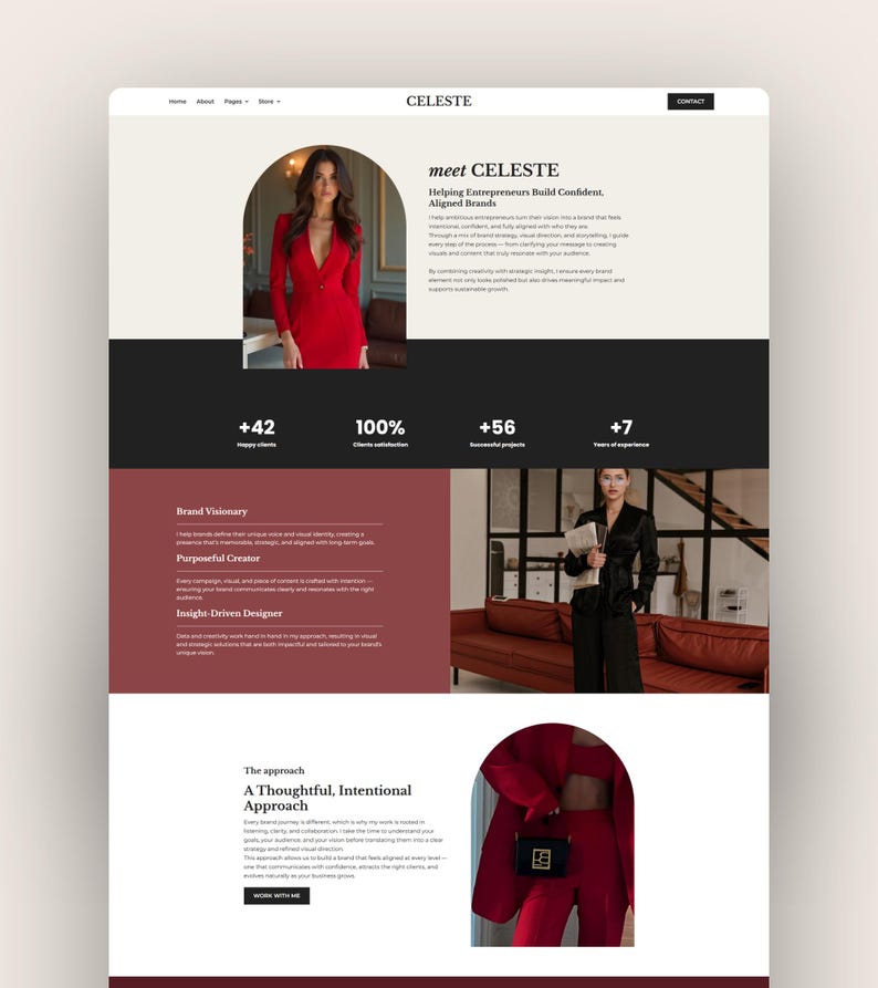 Pode incluir: Design de site web para Celeste, com uma mulher em um vestido vermelho. O site inclui o texto "meet CELESTE" e detalhes sobre como ajudar empreendedores a construir marcas confiantes e alinhadas. Estat&iacute;sticas mostram +42 clientes satisfeitos, 100% de satisfa&ccedil;&atilde;o do cliente e +56 projetos de sucesso.