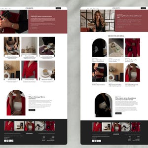 Pode incluir: Duas maquetes de sites com um design limpo e minimalista. As se&ccedil;&otilde;es superiores apresentam fundos bord&ocirc; com texto branco. Os layouts incluem imagens, texto e elementos de navega&ccedil;&atilde;o. A marca "CELESTE" &eacute; exibida no topo.