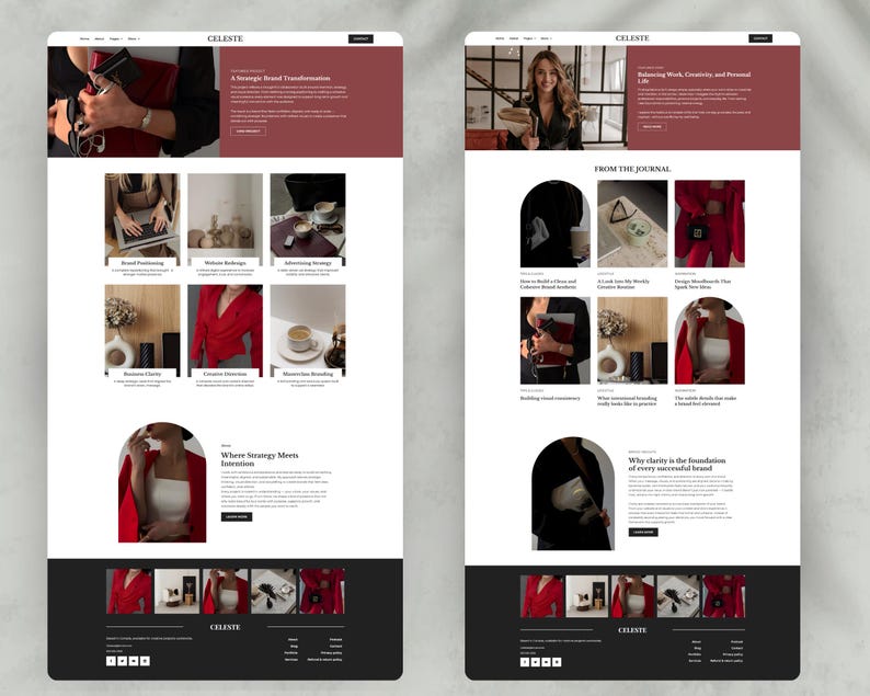 Pode incluir: Duas maquetes de sites com um design limpo e minimalista. As se&ccedil;&otilde;es superiores apresentam fundos bord&ocirc; com texto branco. Os layouts incluem imagens, texto e elementos de navega&ccedil;&atilde;o. A marca "CELESTE" &eacute; exibida no topo.