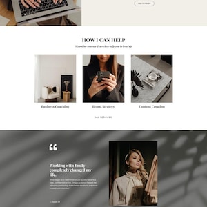 Peut inclure: Conception de site web avec une femme blonde et des bijoux en perles. Le site promeut le coaching d'affaires, la strat&eacute;gie de marque et la cr&eacute;ation de contenu. Le texte comprend "Building Businesses with Intention & Style."