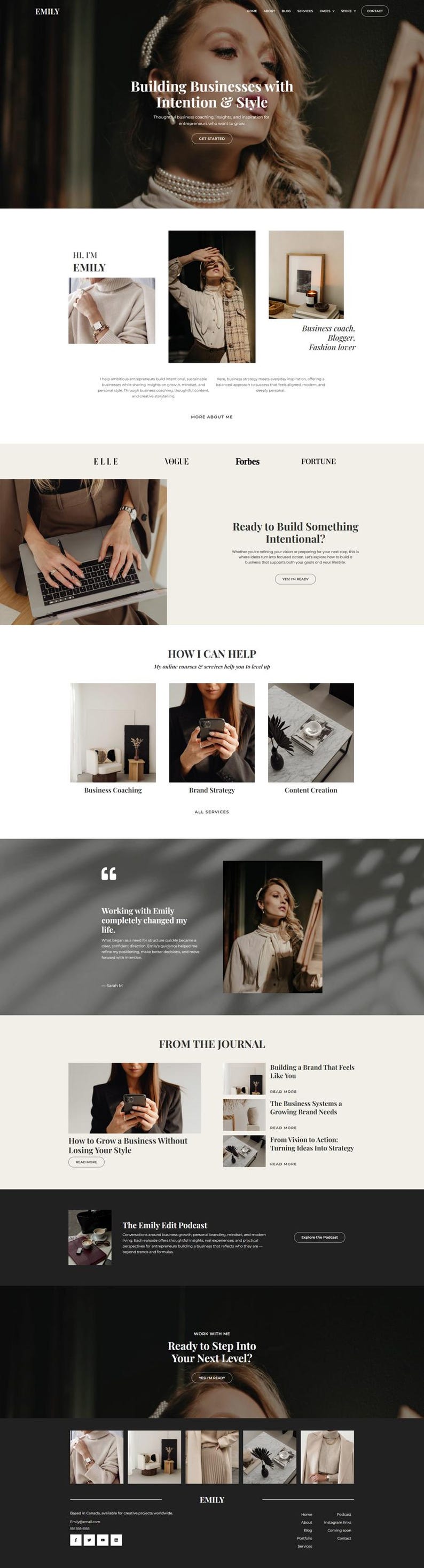 Peut inclure: Conception de site web avec une femme blonde et des bijoux en perles. Le site promeut le coaching d'affaires, la strat&eacute;gie de marque et la cr&eacute;ation de contenu. Le texte comprend "Building Businesses with Intention & Style."