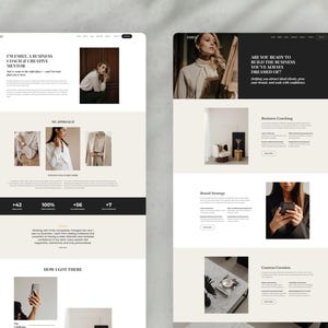 Peut inclure: Deux maquettes de sites web au design minimaliste. La premi&egrave;re maquette pr&eacute;sente le texte "I'M EMILY, A BUSINESS COACH & CREATIVE MENTOR." La seconde maquette contient le texte "ARE YOU READY TO BUILD THE BUSINESS YOU'VE ALWAYS DREAMED OF?"