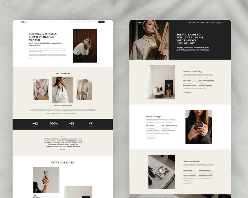 Peut inclure: Deux maquettes de sites web au design minimaliste. La premi&egrave;re maquette pr&eacute;sente le texte "I'M EMILY, A BUSINESS COACH & CREATIVE MENTOR." La seconde maquette contient le texte "ARE YOU READY TO BUILD THE BUSINESS YOU'VE ALWAYS DREAMED OF?"