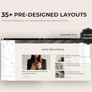 Peut inclure: Interface de conception de site web avec le texte "35+ PRE-DESIGNED LAYOUTS" et "NO CODE REQUIRED". L'interface affiche une mise en page de blog avec des articles et une barre lat&eacute;rale. La conception est personnalisable.