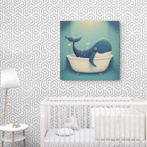 Happy Whale in the Bathtub. Nursery Wall Art. Wrapped Canvas Wall Art. Printed Canvas