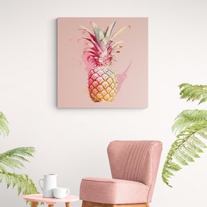 Tropical Pineapple Watercolor in Pink Background. Wrapped Canvas Wall Art. Printed Canvas