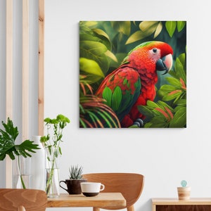 Red Parrot in the Tropical Nature. Wrapped Canvas Wall Art. Printed Canvas