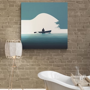 Minimalist Art of a Man Rowing a Boat in the Sea. Wrapped Canvas Wall Art. Printed Canvas.