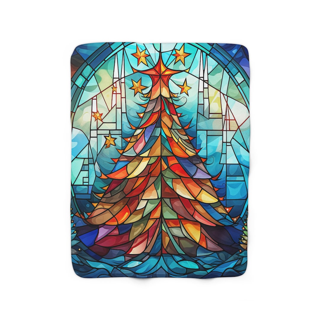 Stained Glass Christmas Tree Sherpa Fleece Blanket, Christmas Tree Throw Blanket, Christmas Cozy