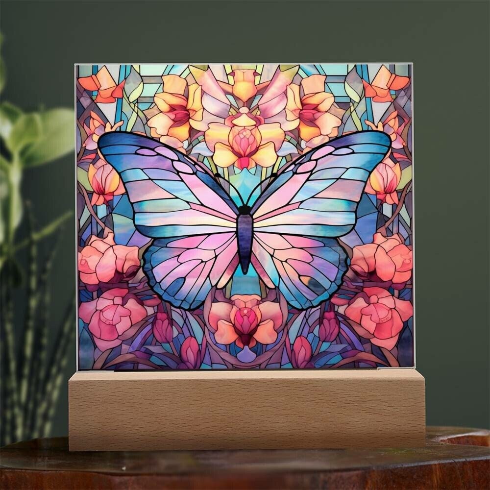 Vintage Butterflies & Floral In Oval Lucite Acrylic Resin Wall Art Plaque