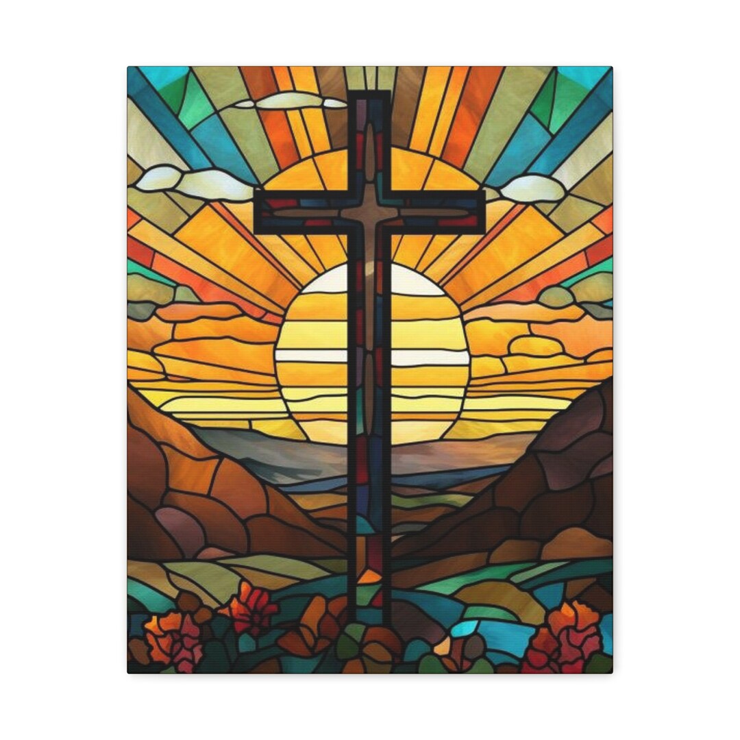 Faux Stained Glass Cross Wall Art Canvas, Cross Wall Art, Christian Art