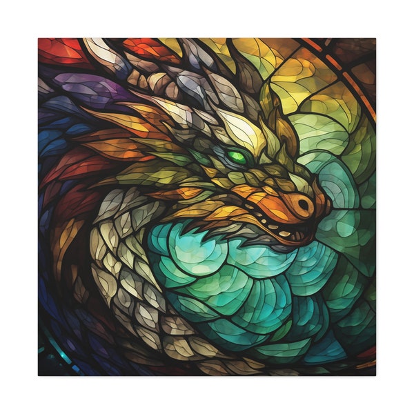 Dragon Wall Art Canvas, Faux Stained Glass Dragon Decor, DnD Gift, Dragon Picture, Dragon Lover Gift, Dorm Decor