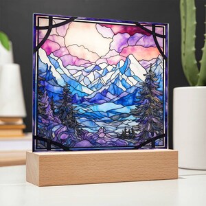 Winter Mountain Faux Stained Glass Acrylic Plaque, Christmas Gift, Birthday Gift, Gift for Her, Gift for Mountain Lover,