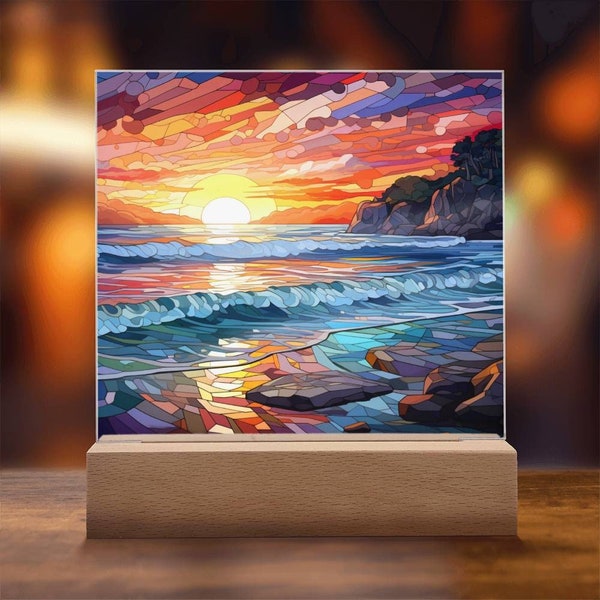 Zonsondergang op het strand Faux gebrandschilderd glas acryl plaquette, zonsondergang plaquette, cadeau voor strandliefhebber, Beach House Decor